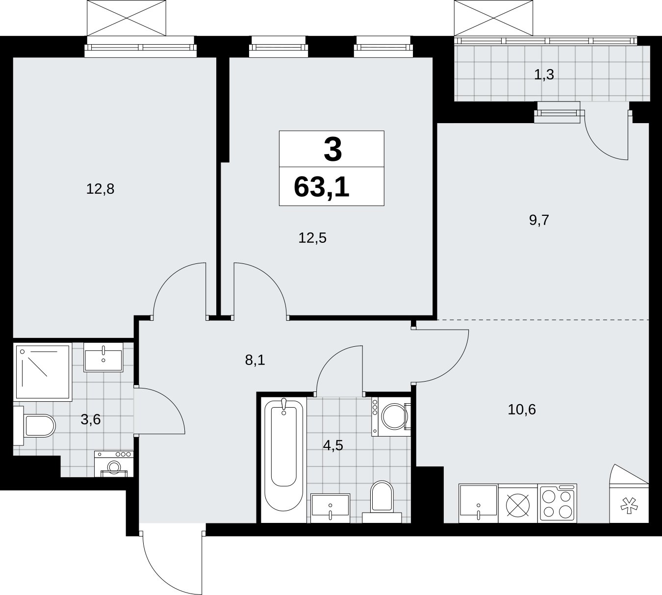 3-комнатная квартира (евро) без отделки, 63.1 м2, 5 этаж, сдача 2 квартал 2026 г., ЖК Дзен-кварталы, корпус 6.1.1 - объявление 2327095 - фото №1