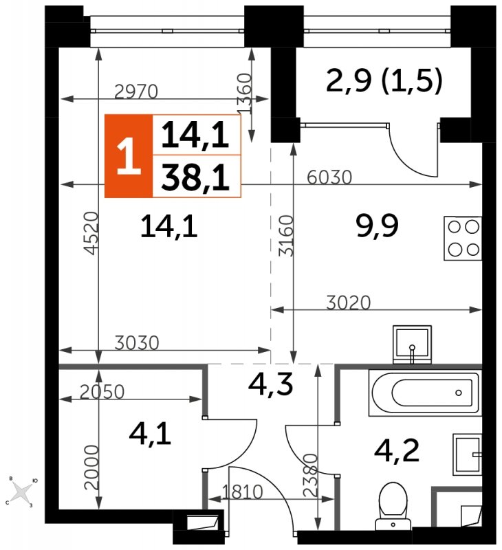 1-комнатная квартира с частичной отделкой, 38.1 м2, 23 этаж, сдача 1 квартал 2023 г., ЖК Sydney City, корпус 2 - объявление 1710103 - фото №1