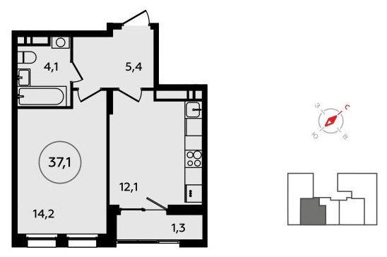 1-комнатная квартира без отделки, 37.1 м2, 16 этаж, сдача 3 квартал 2023 г., ЖК Прокшино, корпус 4.6 - объявление 1498768 - фото №1