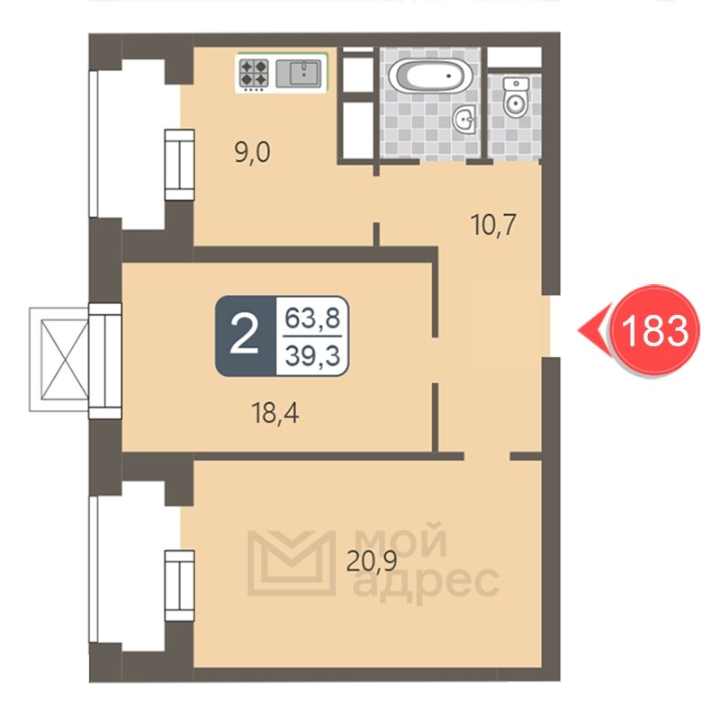 2-комнатная квартира с полной отделкой, 63.8 м2, 24 этаж, дом сдан, ЖК мой адрес На Береговом, корпус Южный квартал - объявление 1866978 - фото №1