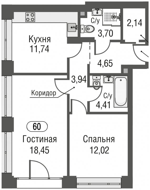 2-комнатная квартира без отделки, 61.05 м2, 7 этаж, сдача 3 квартал 2023 г., ЖК AFI Park Воронцовский, корпус 5 - объявление 1637312 - фото №1