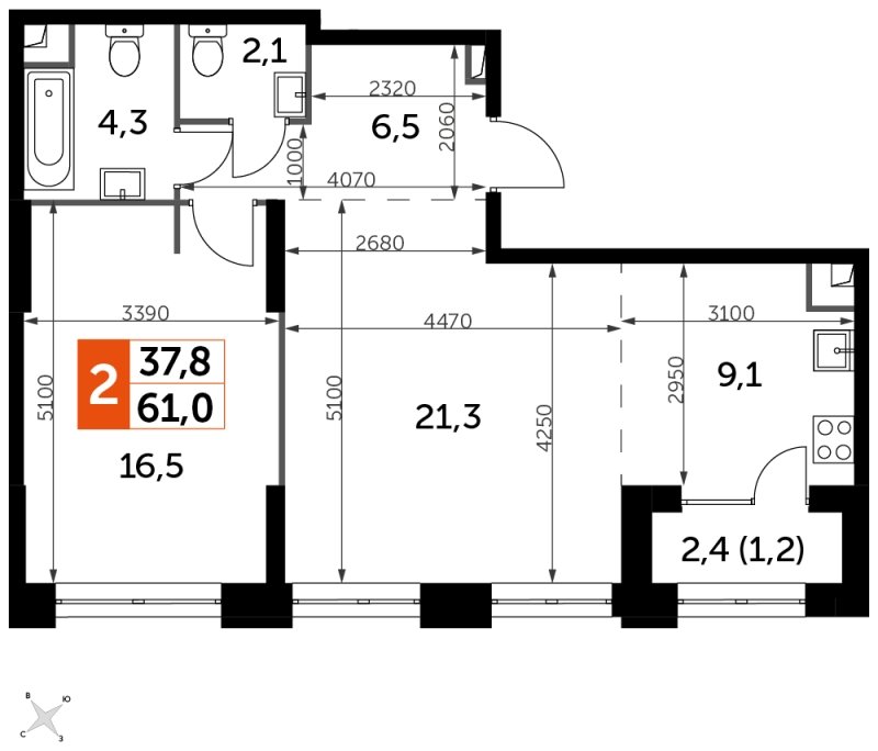 2-комнатная квартира с частичной отделкой, 61 м2, 22 этаж, сдача 1 квартал 2023 г., ЖК Sydney City, корпус 3 - объявление 1694266 - фото №1