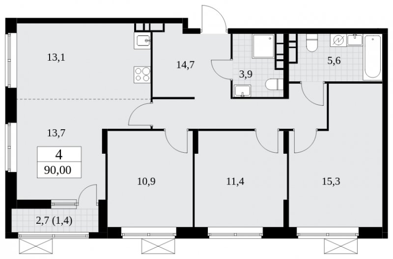 4-комнатная квартира (евро) с частичной отделкой, 90 м2, 16 этаж, сдача 2 квартал 2025 г., ЖК Прокшино, корпус 5.2.6 - объявление 1901148 - фото №1