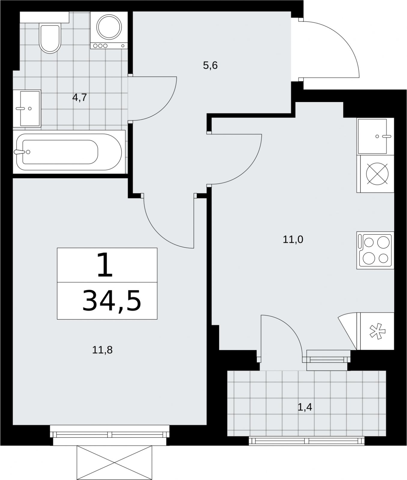 1-комнатная квартира без отделки, 34.5 м2, 3 этаж, сдача 2 квартал 2026 г., ЖК Бунинские кварталы, корпус 7.4 - объявление 2314037 - фото №1