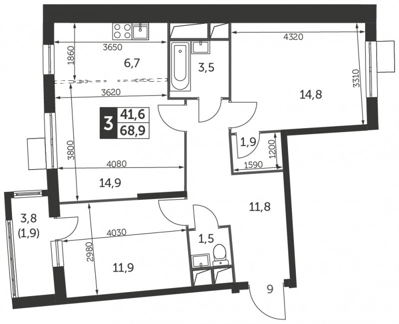 3-комнатная квартира без отделки, 68.9 м2, 3 этаж, сдача 3 квартал 2023 г., ЖК UP-квартал Римский, корпус 7 - объявление 1331366 - фото №1