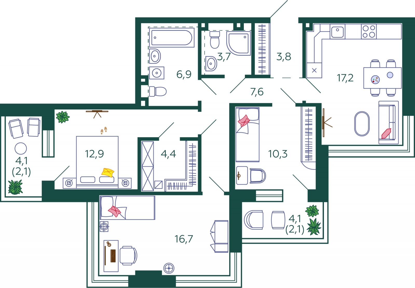 3-комнатная квартира без отделки, 87.7 м2, 25 этаж, сдача 1 квартал 2024 г., ЖК SHAGAL, корпус 1.5 - объявление 1981144 - фото №1