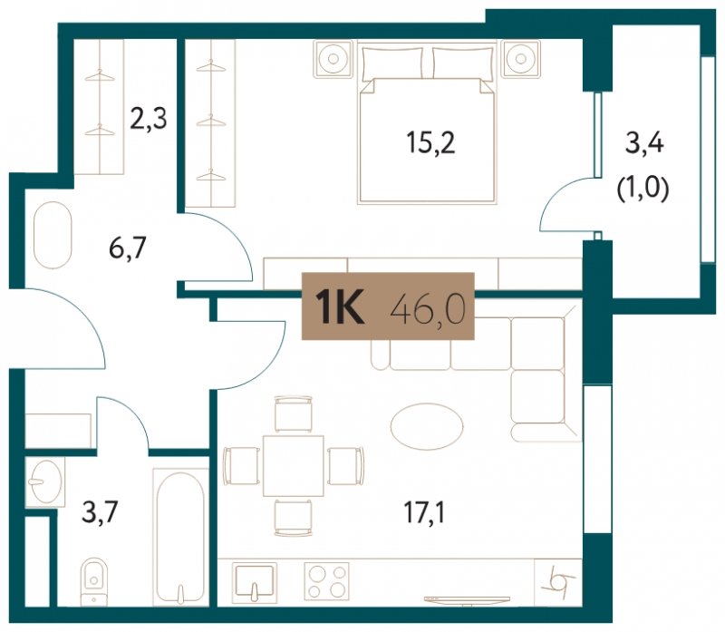1-комнатная квартира 46 м2, 8 этаж, сдача 4 квартал 2022 г., ЖК Настоящее, корпус 1 - объявление 1711385 - фото №1