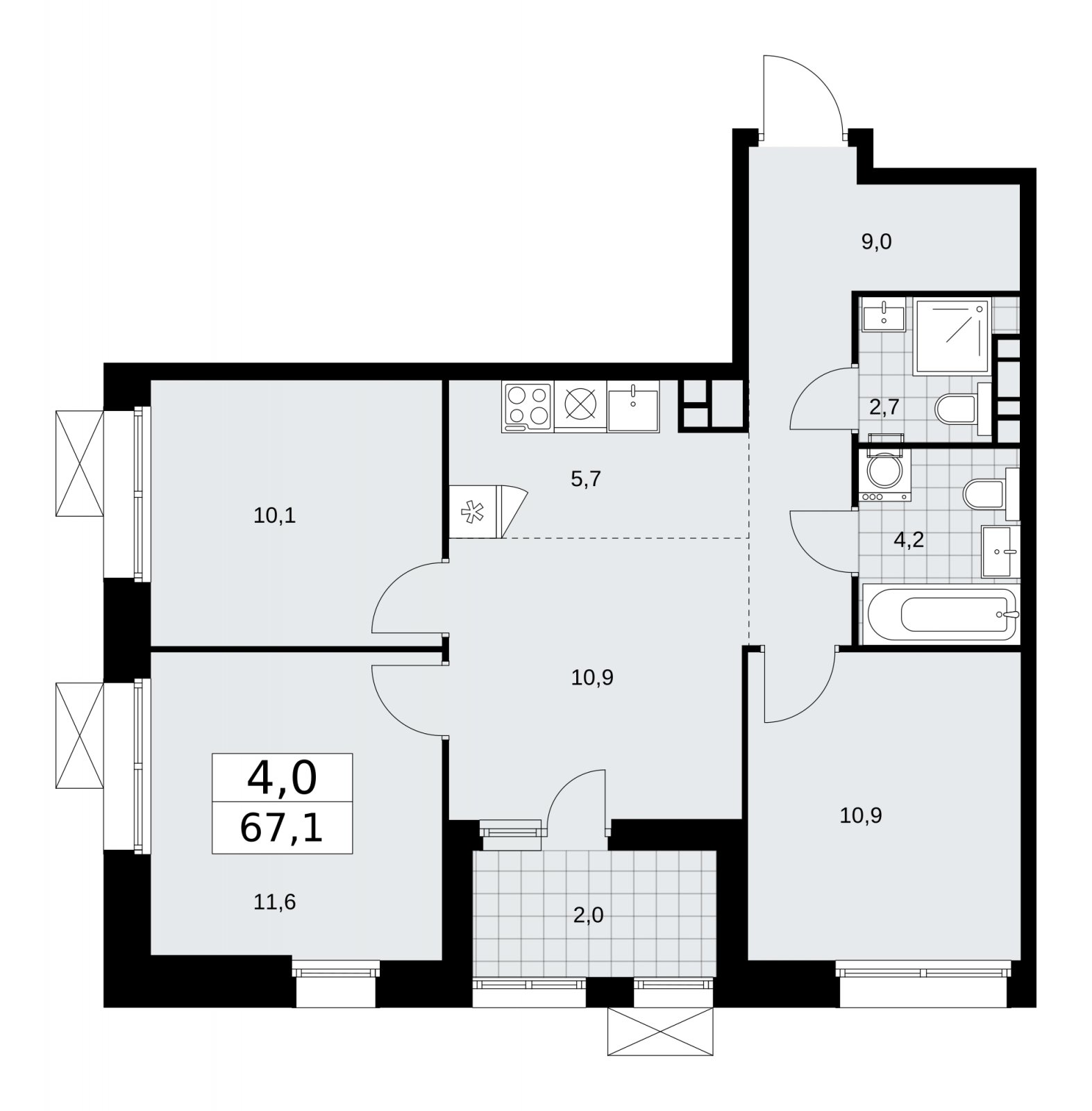 4-комнатная квартира (евро) с частичной отделкой, 67.1 м2, 18 этаж, сдача 1 квартал 2026 г., ЖК Бунинские кварталы, корпус 6.1 - объявление 2252506 - фото №1