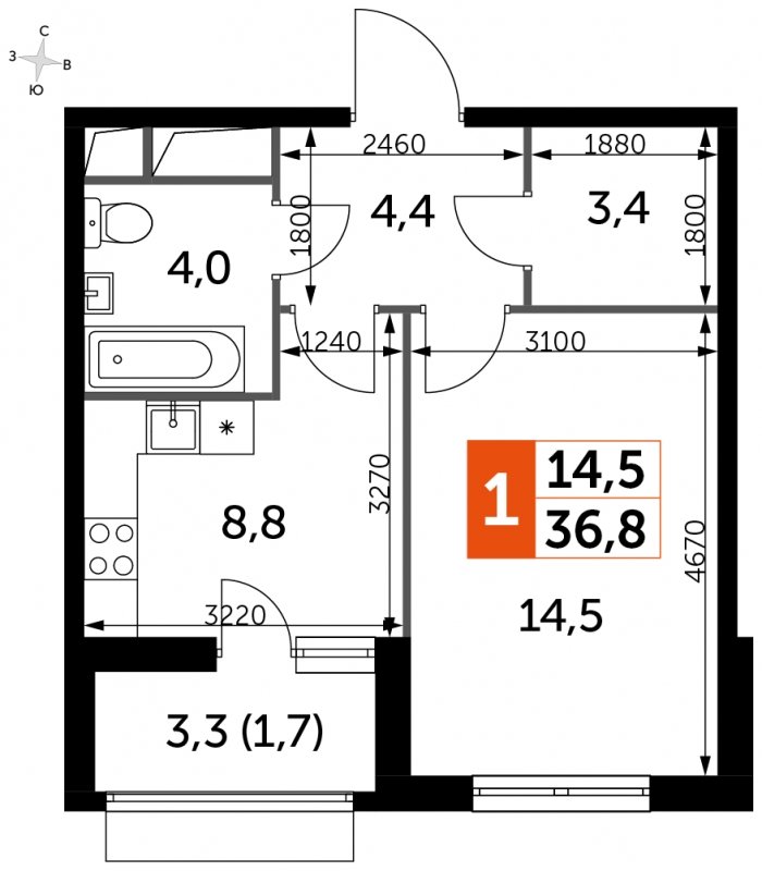 1-комнатная квартира с частичной отделкой, 36.8 м2, 13 этаж, сдача 3 квартал 2023 г., ЖК UP-квартал Римский, корпус 7 - объявление 1672315 - фото №1