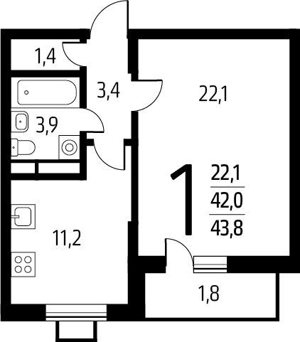 1-комнатная квартира с полной отделкой, 43.8 м2, 8 этаж, сдача 1 квартал 2025 г., ЖК Новые Ватутинки. Заречный, корпус 5/3 - объявление 2272066 - фото №1