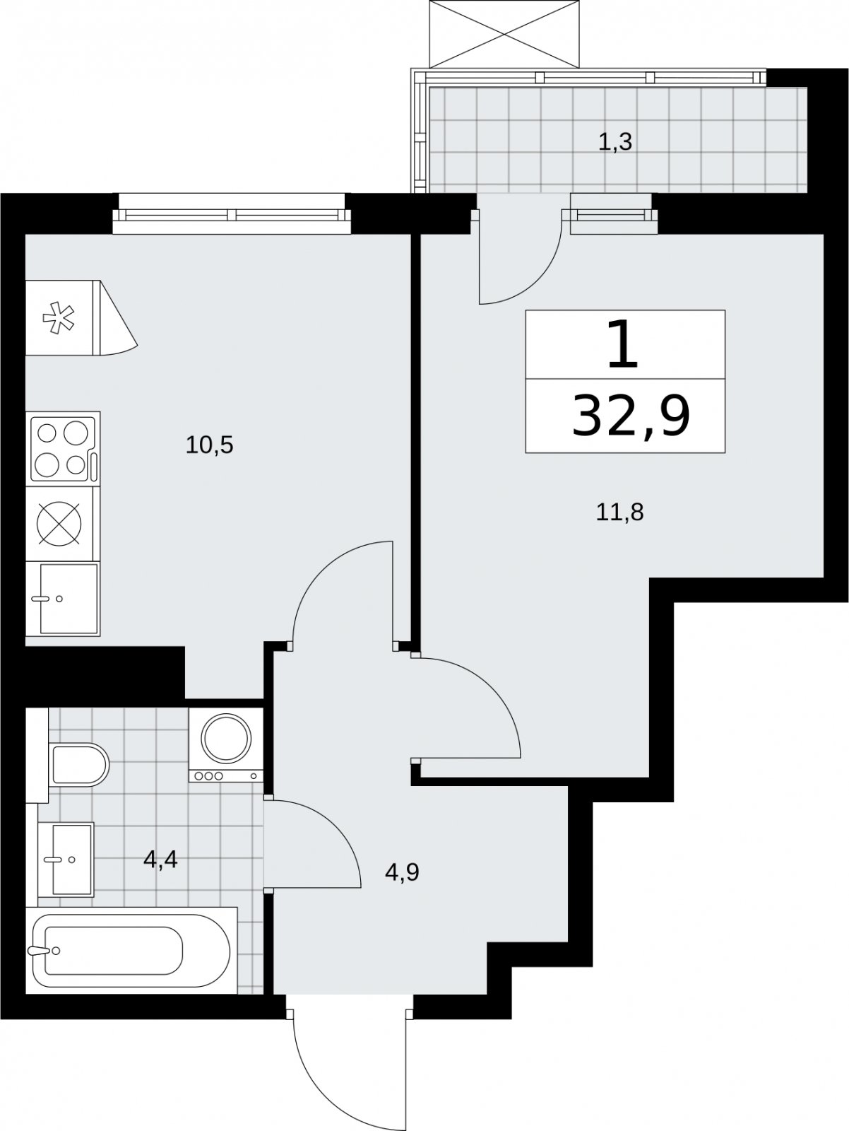 1-комнатная квартира без отделки, 32.9 м2, 10 этаж, сдача 2 квартал 2026 г., ЖК Бунинские кварталы, корпус 7.3 - объявление 2313696 - фото №1