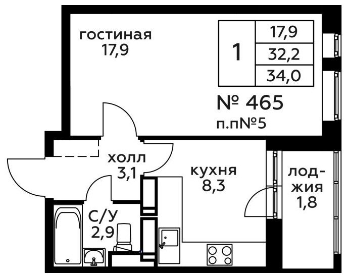1-комнатная квартира без отделки, 34 м2, 3 этаж, сдача 2 квартал 2022 г., ЖК Новоград Павлино, корпус 18 - объявление 1249918 - фото №1