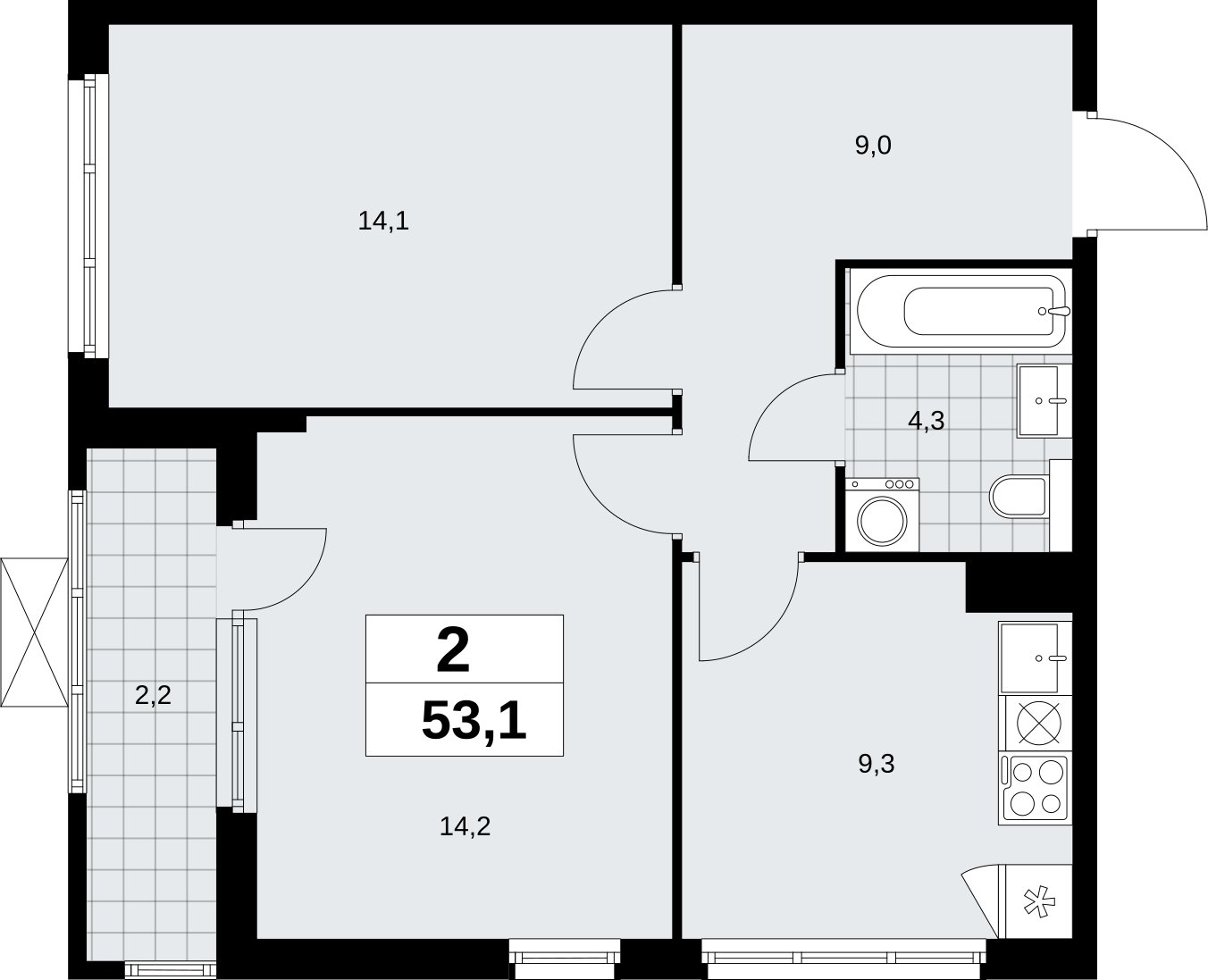 2-комнатная квартира без отделки, 53.1 м2, 13 этаж, сдача 2 квартал 2026 г., ЖК Бунинские кварталы, корпус 9.4 - объявление 2324582 - фото №1