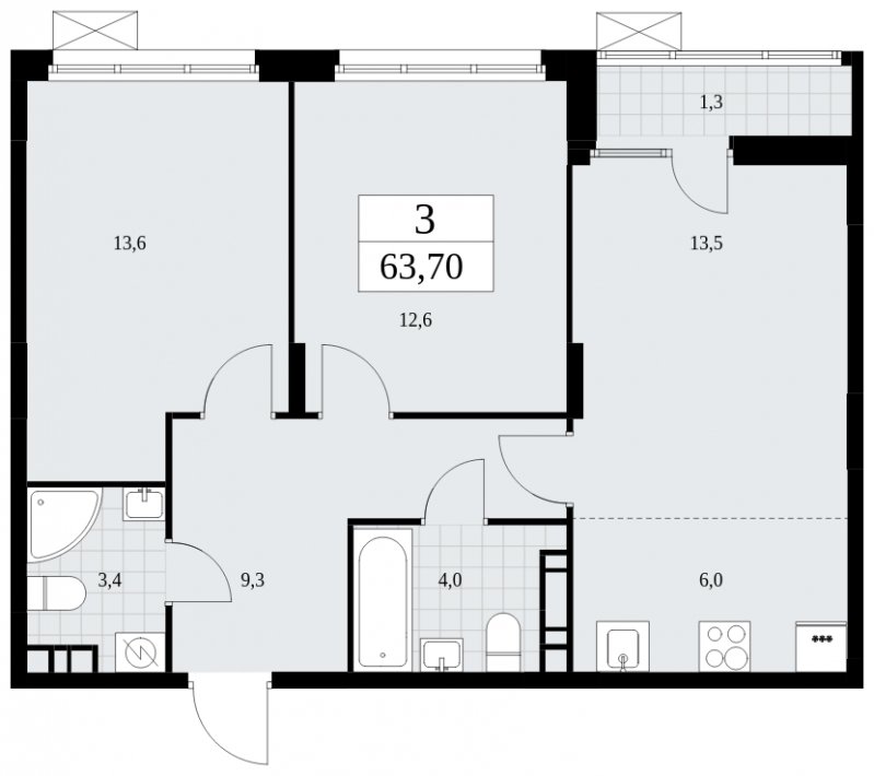 3-комнатная квартира (евро) без отделки, 63.7 м2, 7 этаж, сдача 2 квартал 2025 г., ЖК Дзен-кварталы, корпус 2.4 - объявление 1932804 - фото №1