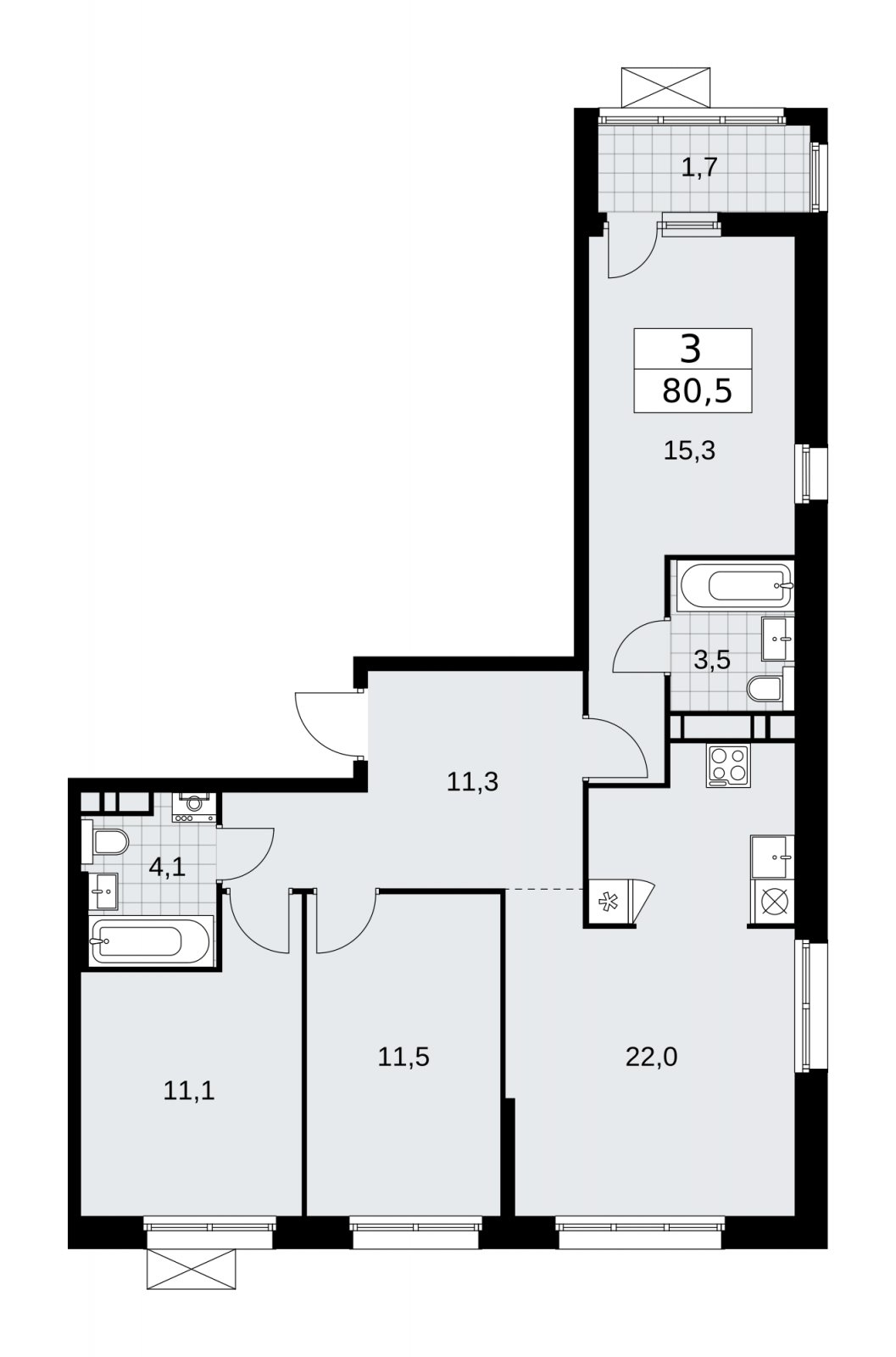 3-комнатная квартира с частичной отделкой, 80.5 м2, 10 этаж, сдача 2 квартал 2026 г., ЖК Дзен-кварталы, корпус 4.1 - объявление 2251390 - фото №1