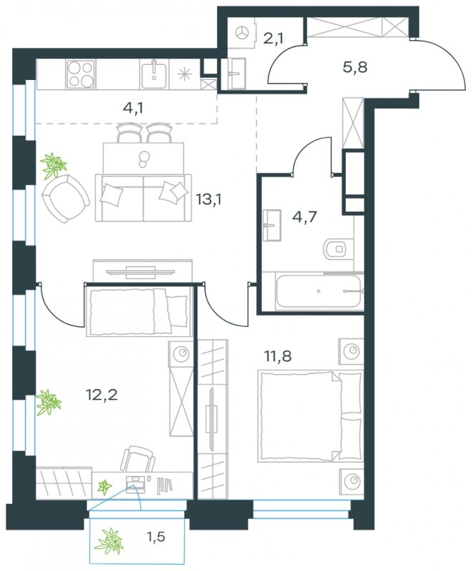 3-комнатная квартира без отделки, 54.3 м2, 14 этаж, сдача 4 квартал 2023 г., ЖК Level Нагатинская, корпус С - объявление 1667923 - фото №1