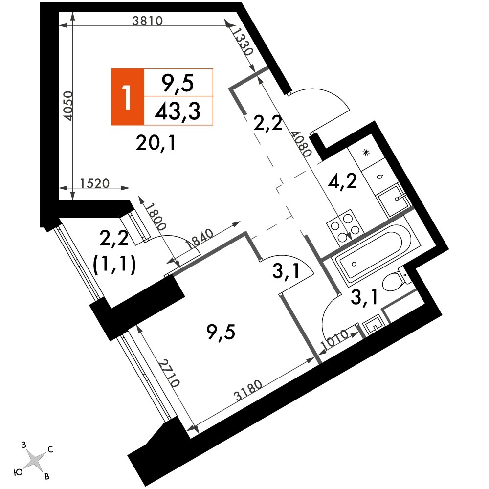 1-комнатная квартира без отделки, 43.3 м2, 46 этаж, сдача 4 квартал 2023 г., ЖК Архитектор, корпус 3 - объявление 2207498 - фото №1