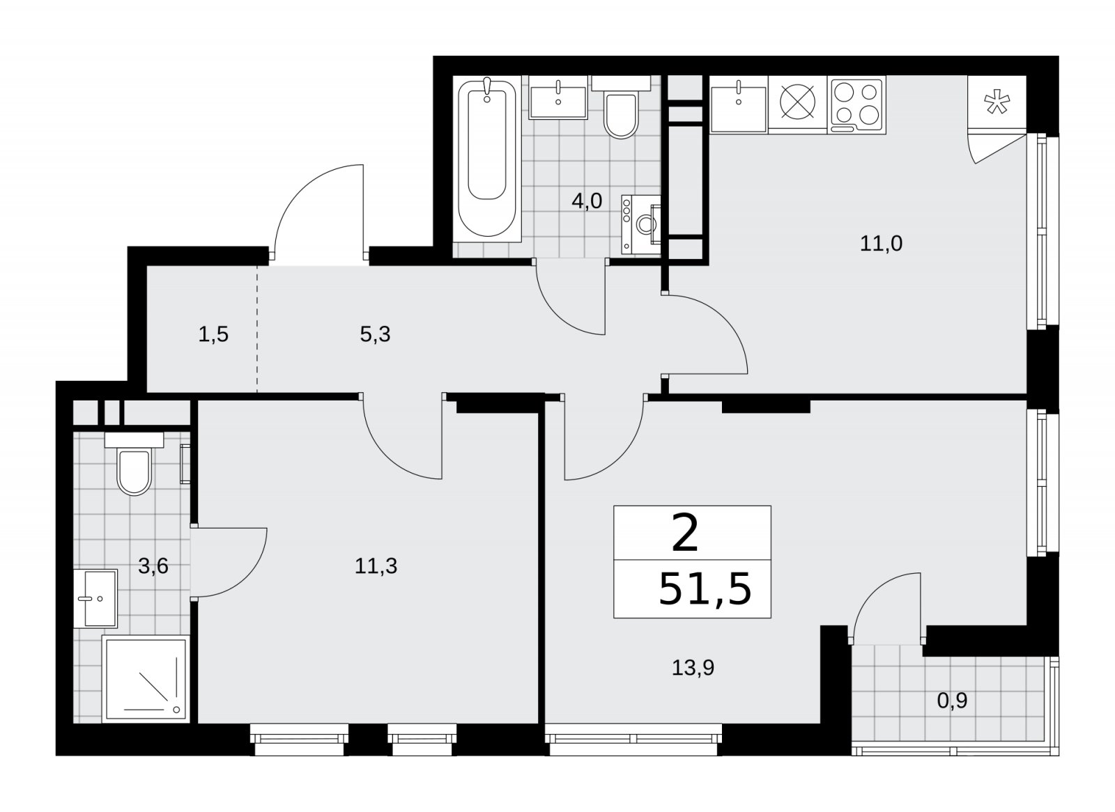 2-комнатная квартира с частичной отделкой, 51.5 м2, 15 этаж, сдача 2 квартал 2026 г., ЖК Деснаречье, корпус 4.5 - объявление 2264591 - фото №1