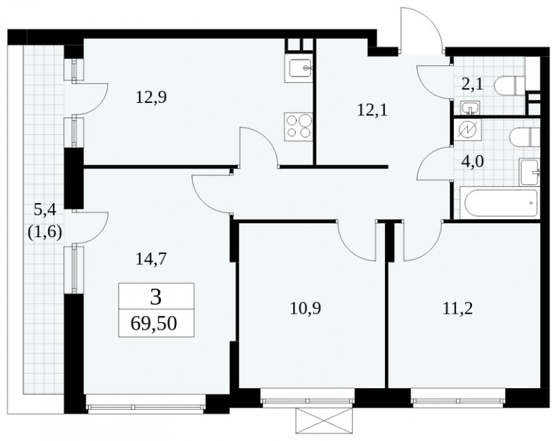 3-комнатная квартира с частичной отделкой, 69.5 м2, 2 этаж, сдача 2 квартал 2025 г., ЖК Прокшино, корпус 5.2.6 - объявление 1900996 - фото №1