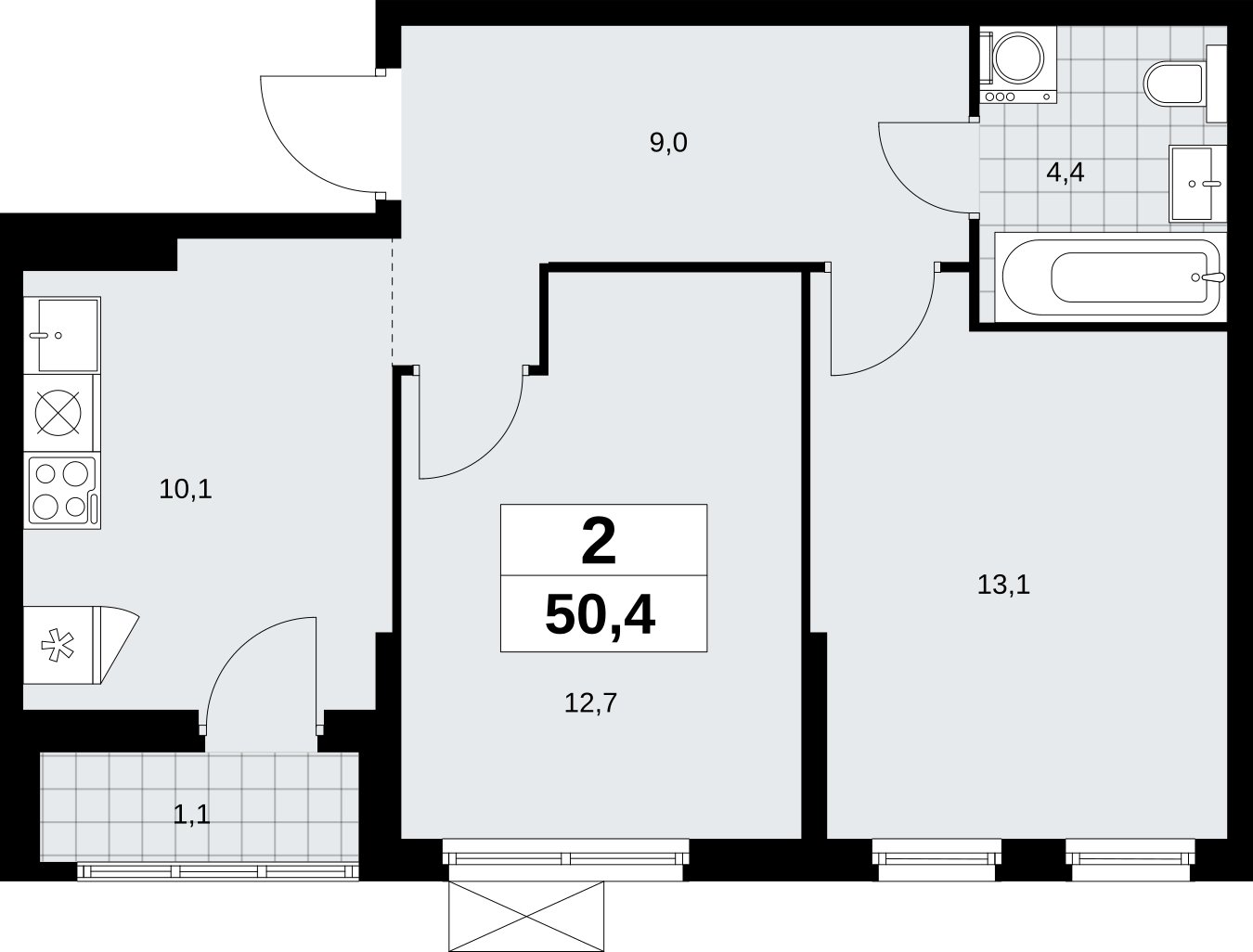 2-комнатная квартира без отделки, 50.4 м2, 11 этаж, сдача 1 квартал 2026 г., ЖК Дзен-кварталы, корпус 6.2.1 - объявление 2328515 - фото №1