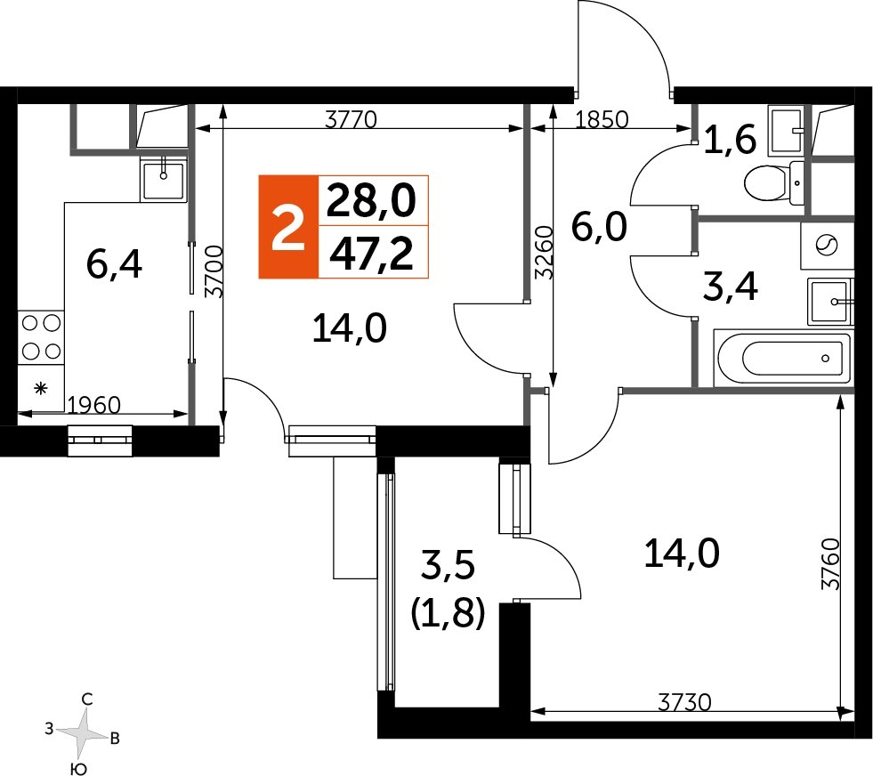 2-комнатная квартира без отделки, 47.2 м2, 3 этаж, дом сдан, ЖК UP-квартал Римский, корпус 7 - объявление 2208457 - фото №1