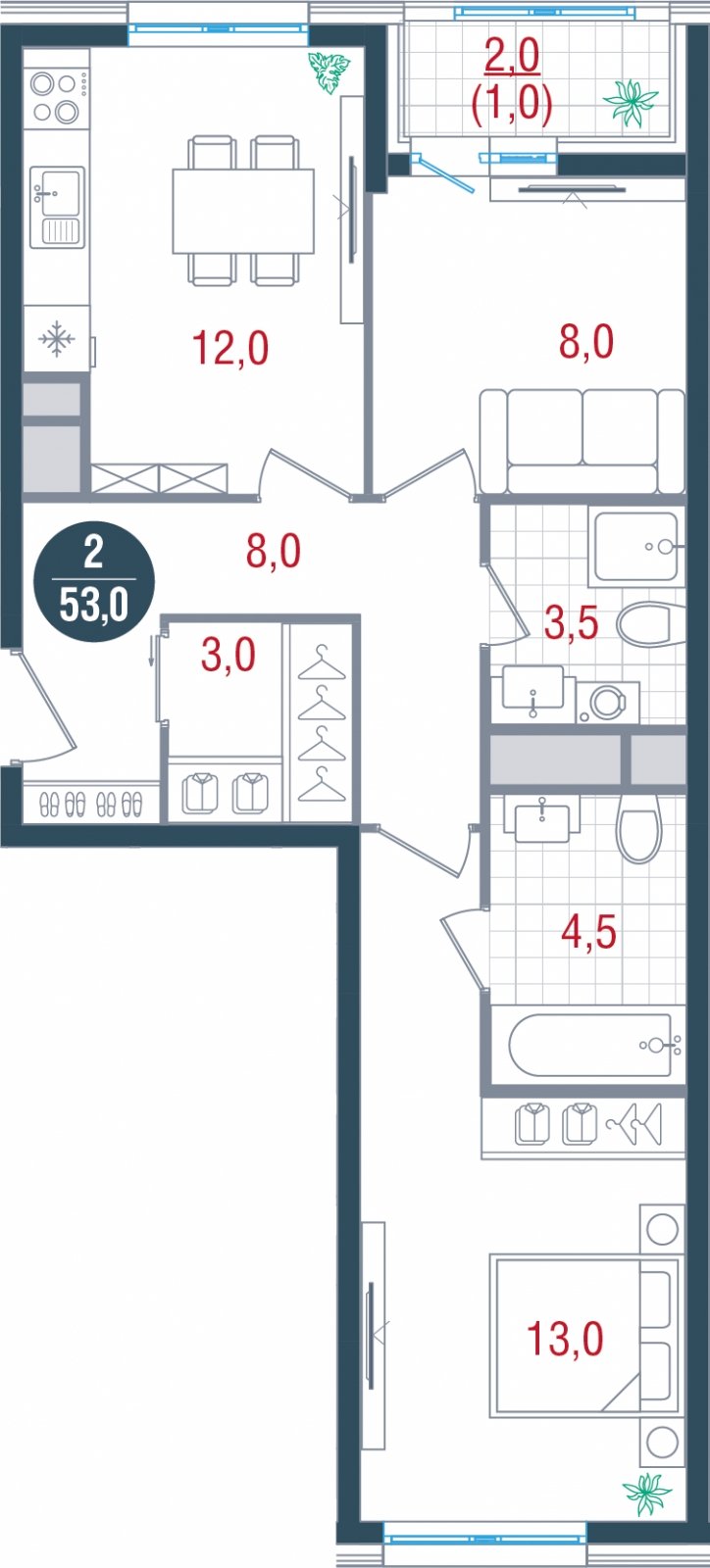 2-комнатная квартира без отделки, 53 м2, 8 этаж, дом сдан, ЖК РУСИЧ Новые Котельники, корпус 2 - объявление 2432793 - фото №1