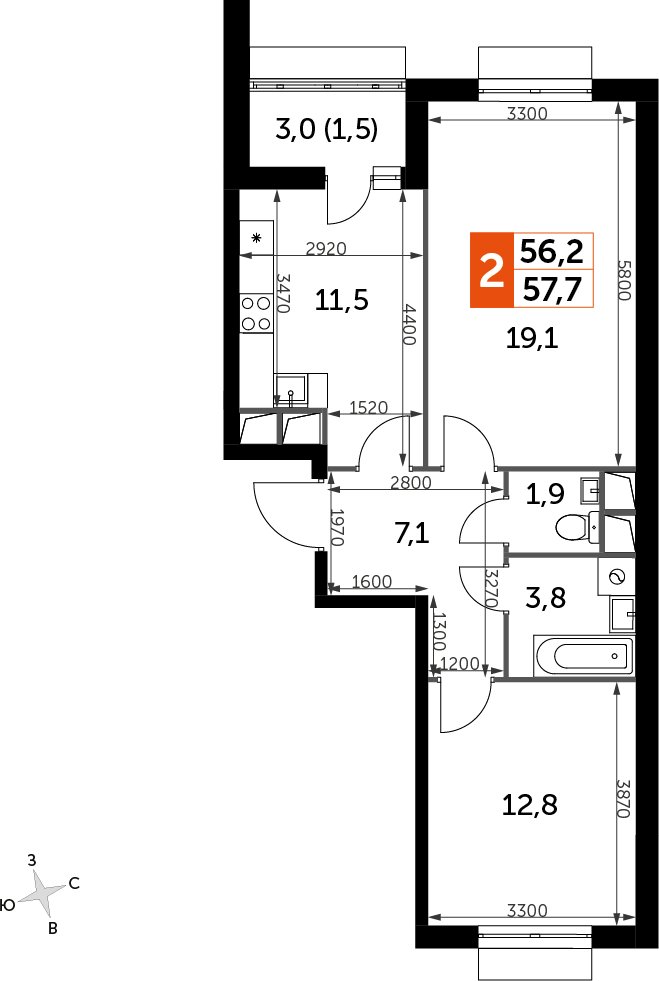2-комнатная квартира с частичной отделкой, 57.8 м2, 4 этаж, дом сдан, ЖК UP-квартал Римский, корпус 7 - объявление 2359942 - фото №1