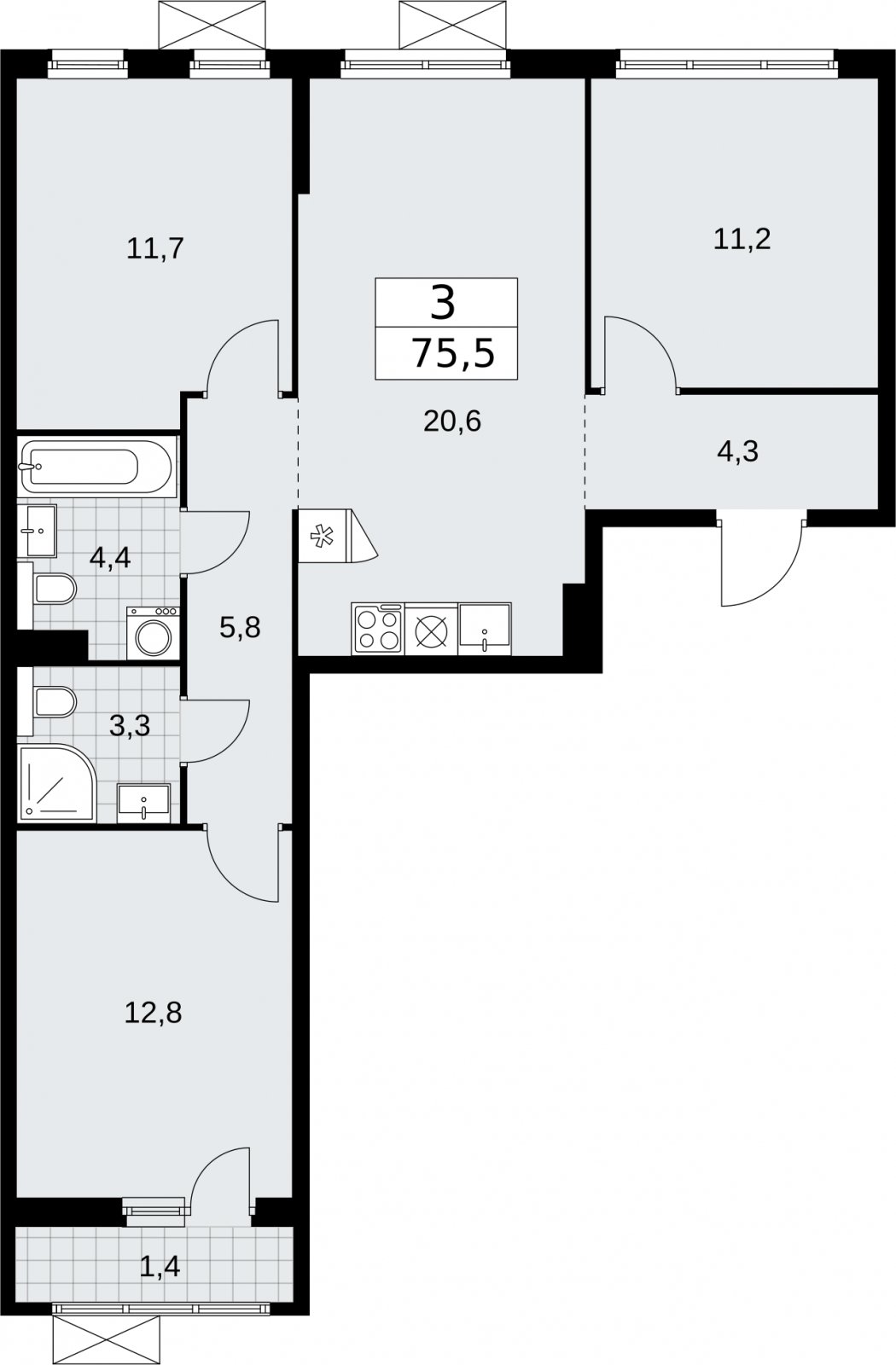 3-комнатная квартира с полной отделкой, 75.5 м2, 4 этаж, сдача 2 квартал 2026 г., ЖК Бунинские кварталы, корпус 7.1 - объявление 2319574 - фото №1
