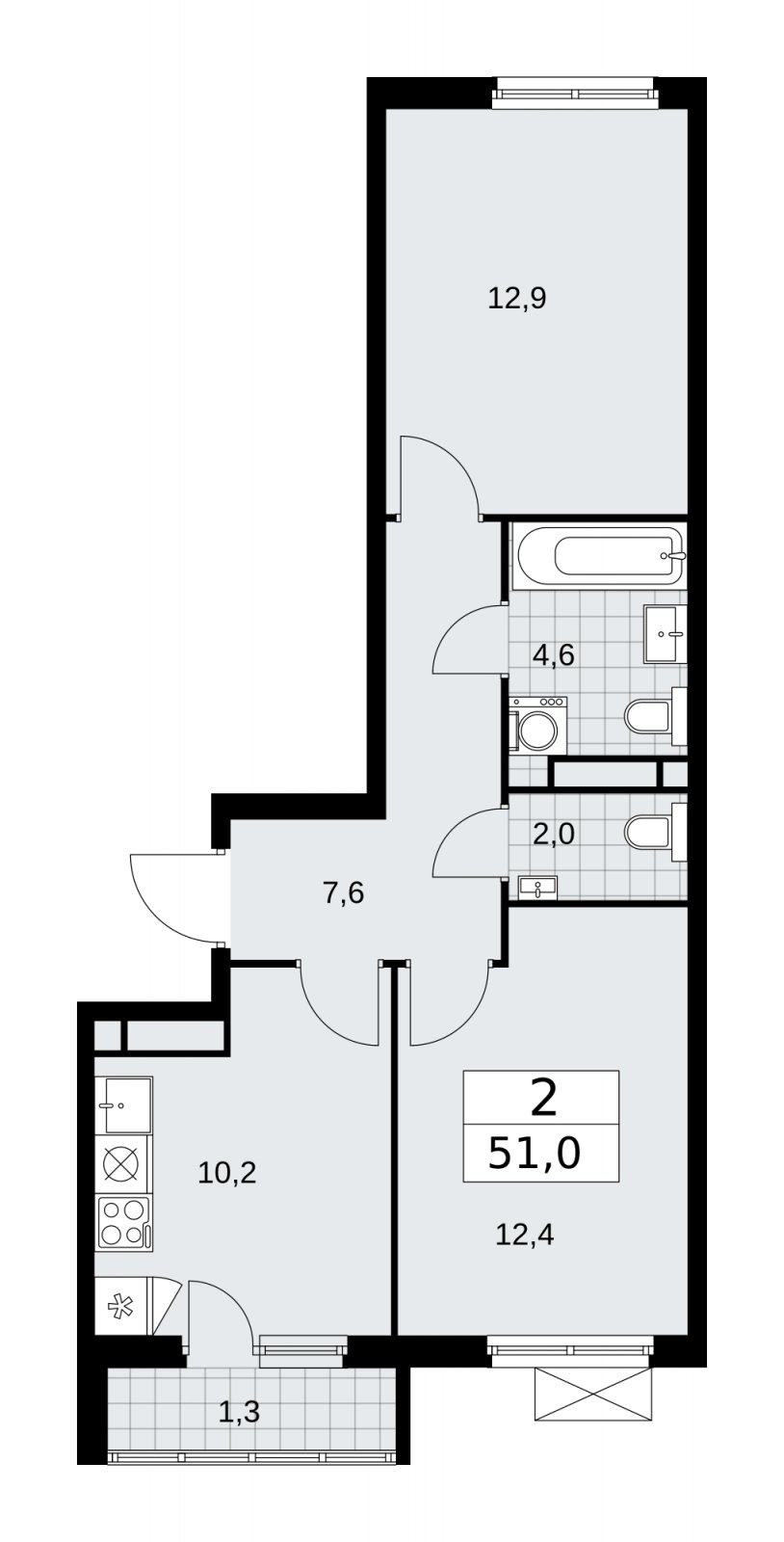 2-комнатная квартира без отделки, 51 м2, 11 этаж, сдача 4 квартал 2025 г., ЖК Прокшино, корпус 11.1.4 - объявление 2257682 - фото №1