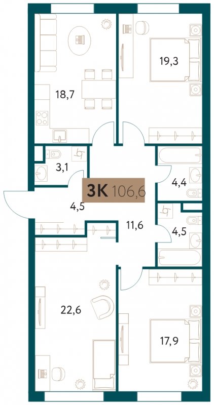 3-комнатная квартира 106.6 м2, 11 этаж, сдача 4 квартал 2022 г., ЖК Настоящее, корпус 4 - объявление 1711369 - фото №1