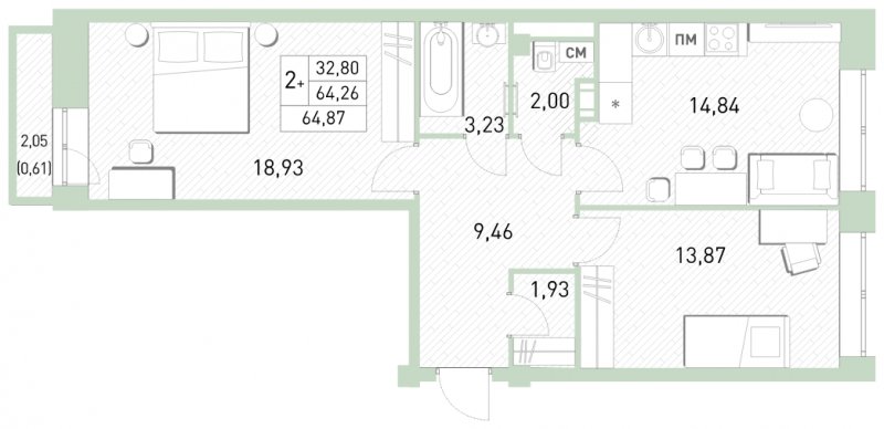3-комнатная квартира (евро) с полной отделкой, 64.87 м2, 15 этаж, сдача 2 квартал 2023 г., ЖК Столичный, корпус 24 - объявление 1651219 - фото №1