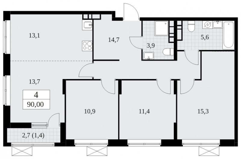 4-комнатная квартира (евро) с частичной отделкой, 90 м2, 18 этаж, сдача 2 квартал 2025 г., ЖК Прокшино, корпус 5.2.6 - объявление 1901168 - фото №1