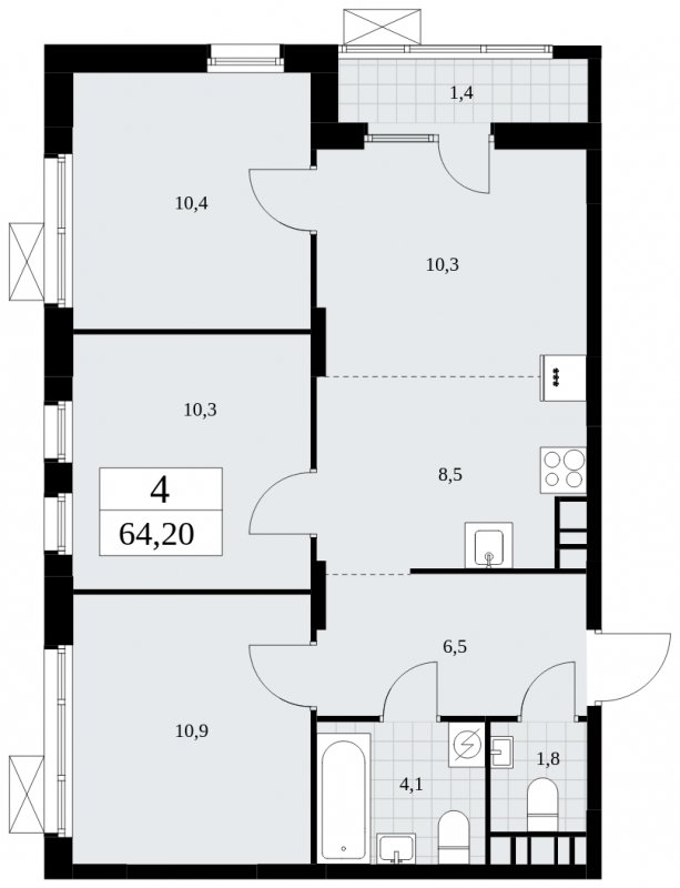 4-комнатная квартира (евро) с частичной отделкой, 64.2 м2, 5 этаж, сдача 1 квартал 2025 г., ЖК Дзен-кварталы, корпус 1.2 - объявление 1895772 - фото №1