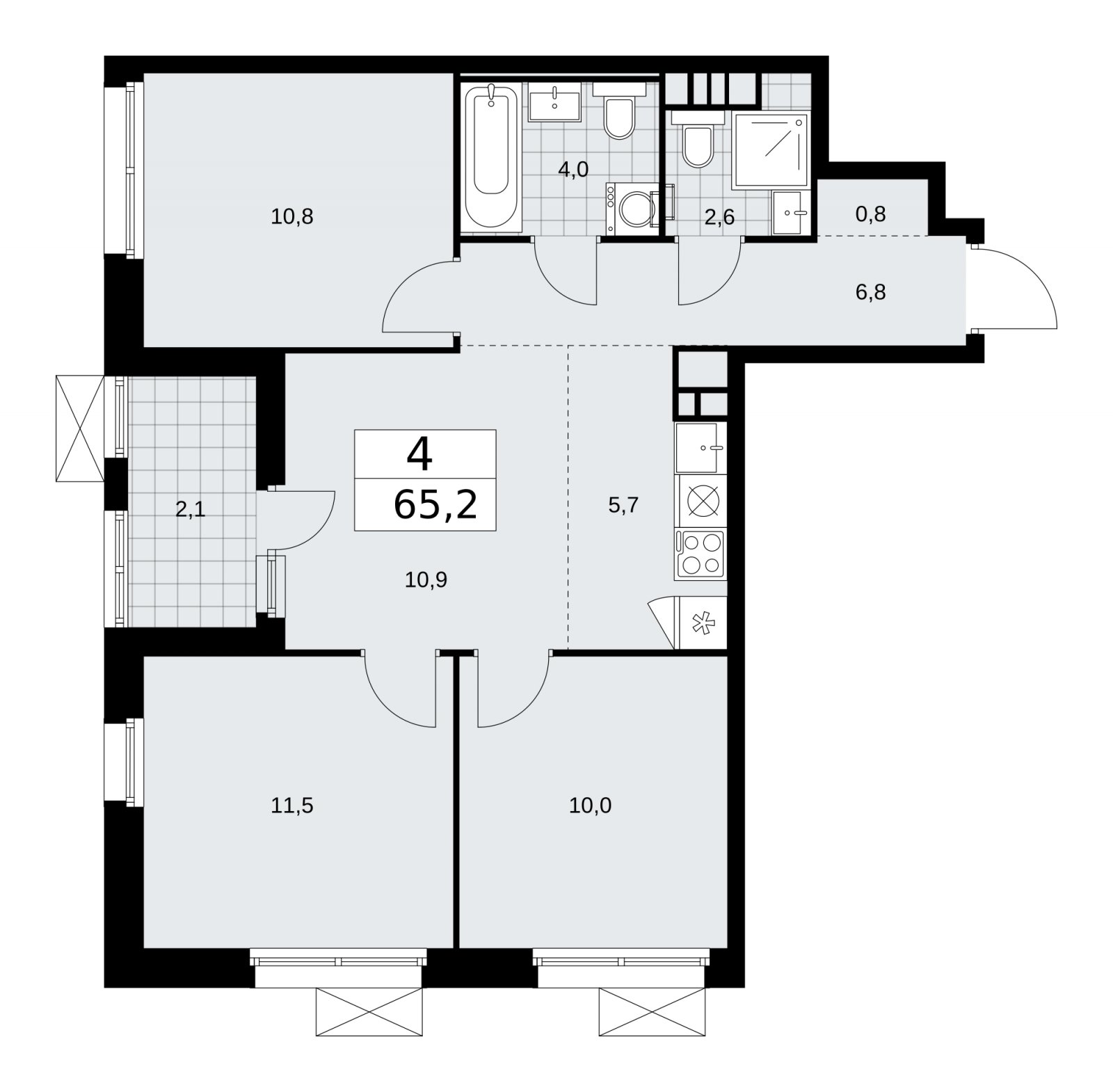 4-комнатная квартира (евро) с частичной отделкой, 65.2 м2, 4 этаж, сдача 2 квартал 2026 г., ЖК Скандинавия, корпус 25.2 - объявление 2283480 - фото №1