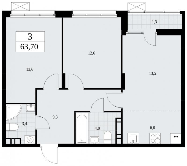 3-комнатная квартира (евро) без отделки, 63.7 м2, 7 этаж, сдача 1 квартал 2025 г., ЖК Дзен-кварталы, корпус 1.4 - объявление 1896182 - фото №1