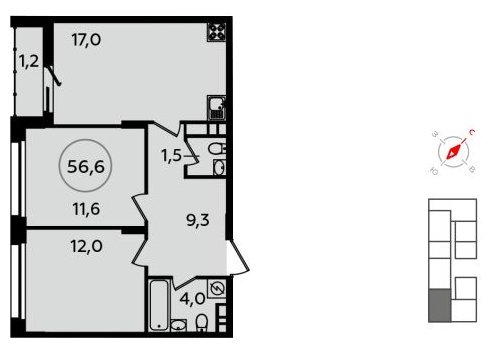 2-комнатная квартира без отделки, 56.6 м2, 14 этаж, дом сдан, ЖК Скандинавия, корпус 13.4 - объявление 1412618 - фото №1