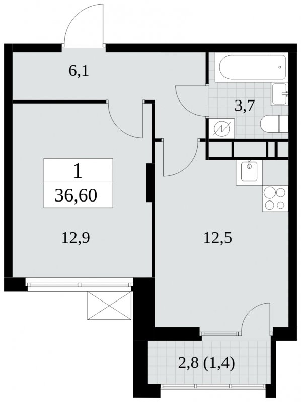 1-комнатная квартира без отделки, 36.6 м2, 11 этаж, сдача 4 квартал 2024 г., ЖК Скандинавия, корпус 2.27.2 - объявление 1840399 - фото №1