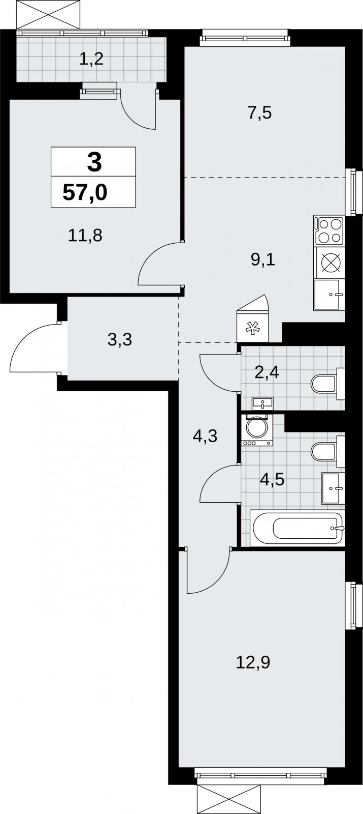 3-комнатная квартира (евро) с полной отделкой, 57 м2, 12 этаж, сдача 3 квартал 2026 г., ЖК Дзен-кварталы, корпус 6.1.3 - объявление 2327585 - фото №1