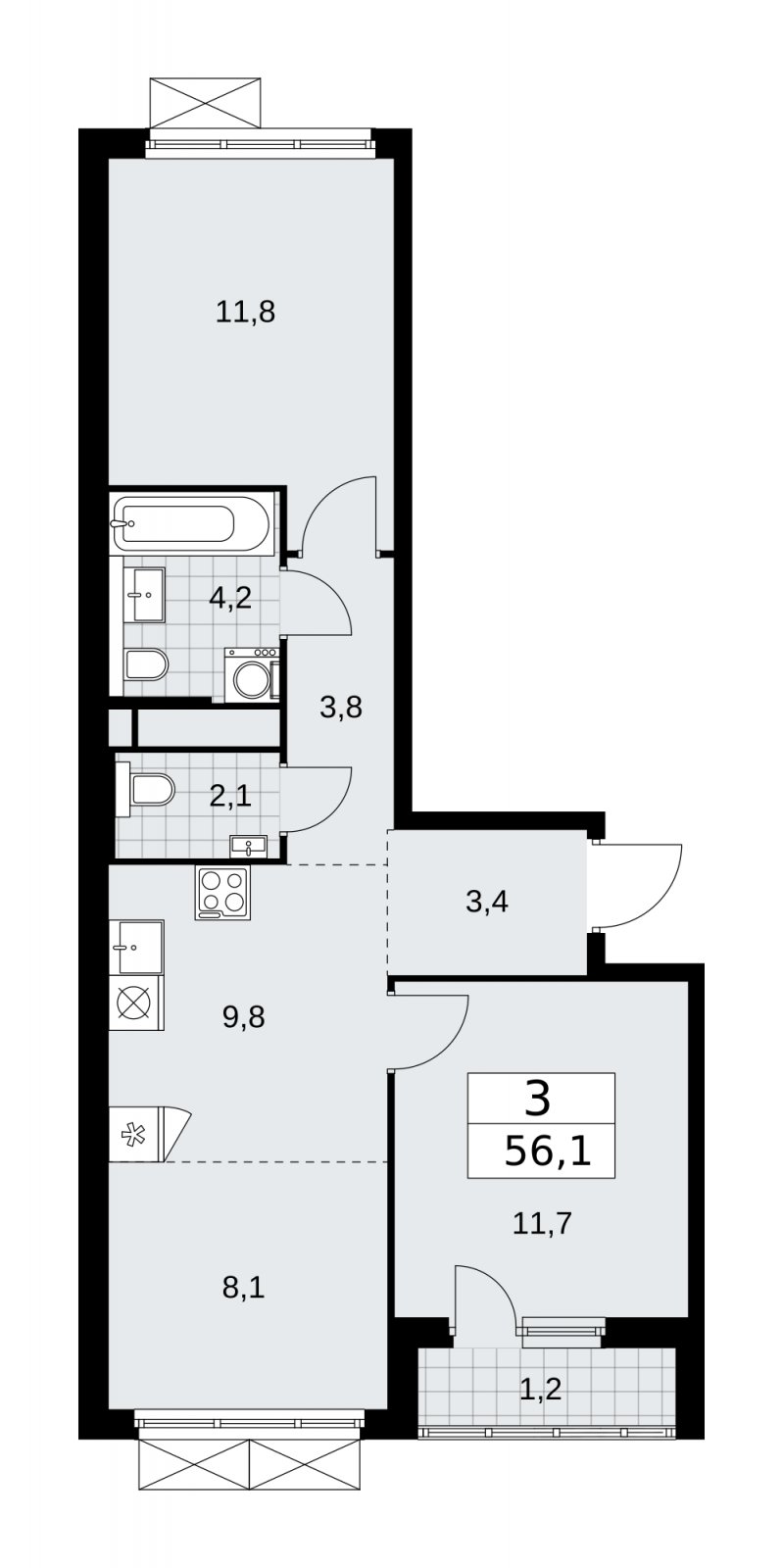 3-комнатная квартира (евро) с частичной отделкой, 56.1 м2, 15 этаж, сдача 2 квартал 2026 г., ЖК Прокшино, корпус 11.2.3 - объявление 2270482 - фото №1