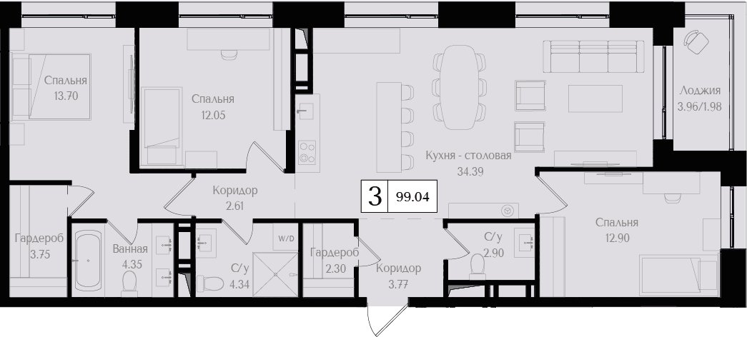 3-комнатная квартира без отделки, 99.04 м2, 13 этаж, сдача 3 квартал 2025 г., ЖК Преображенская площадь, корпус 3 - объявление 2404293 - фото №1