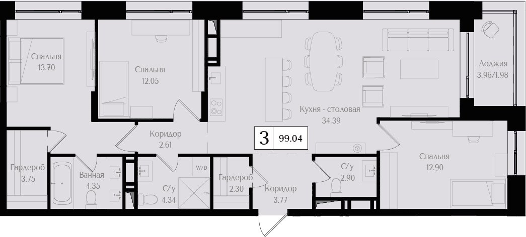 3-комнатная квартира без отделки, 99.04 м2, 10 этаж, сдача 3 квартал 2025 г., ЖК Преображенская площадь, корпус 3 - объявление 2404347 - фото №1