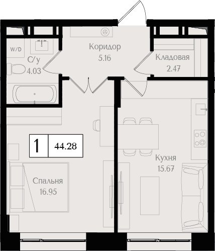 1-комнатная квартира без отделки, 44.28 м2, 14 этаж, сдача 3 квартал 2024 г., ЖК Преображенская площадь, корпус 1 - объявление 2287538 - фото №1