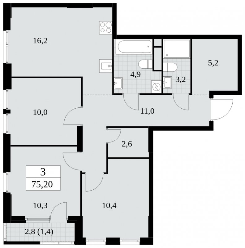 3-комнатная квартира с полной отделкой, 75.2 м2, 13 этаж, сдача 2 квартал 2025 г., ЖК Южные сады, корпус 2.2 - объявление 1757546 - фото №1