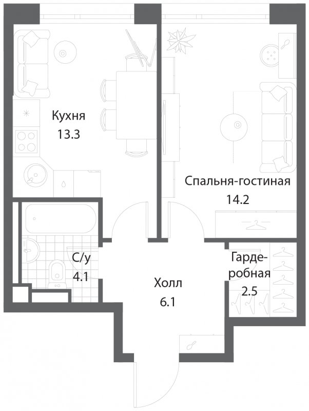 1-комнатная квартира без отделки, 40.2 м2, 14 этаж, сдача 3 квартал 2025 г., ЖК Nagatino i-Land, корпус 2 (3 очередь) - объявление 1786037 - фото №1