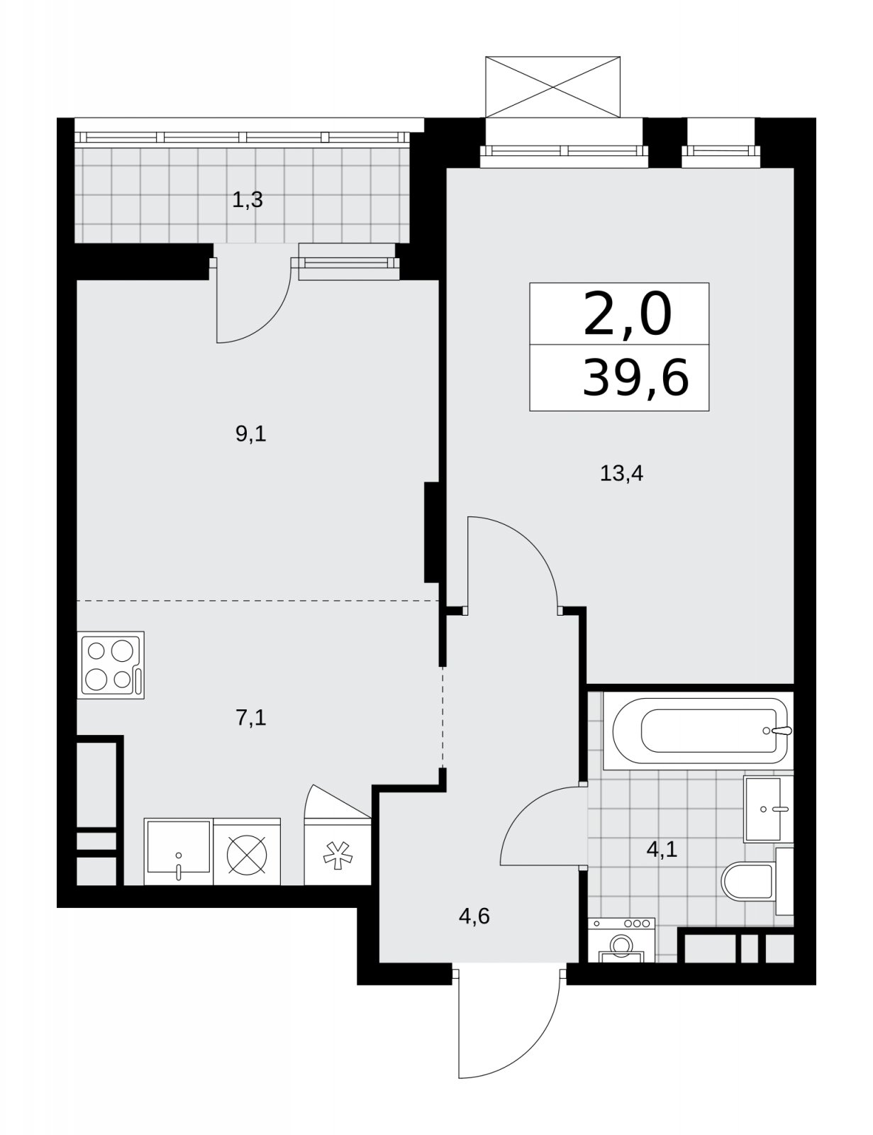 2-комнатная квартира (евро) без отделки, 39.6 м2, 13 этаж, сдача 1 квартал 2026 г., ЖК Прокшино, корпус 10.1.2 - объявление 2227212 - фото №1
