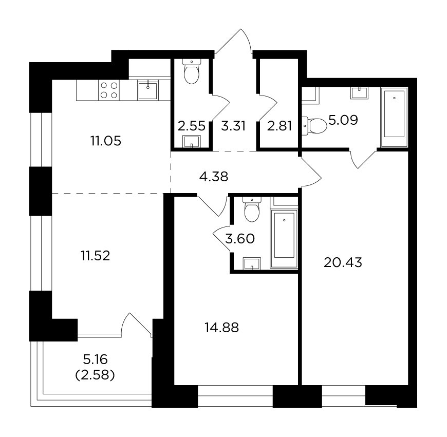 3-комнатная квартира без отделки, 82.2 м2, 18 этаж, дом сдан, ЖК FORIVER, корпус 5 - объявление 2371299 - фото №1