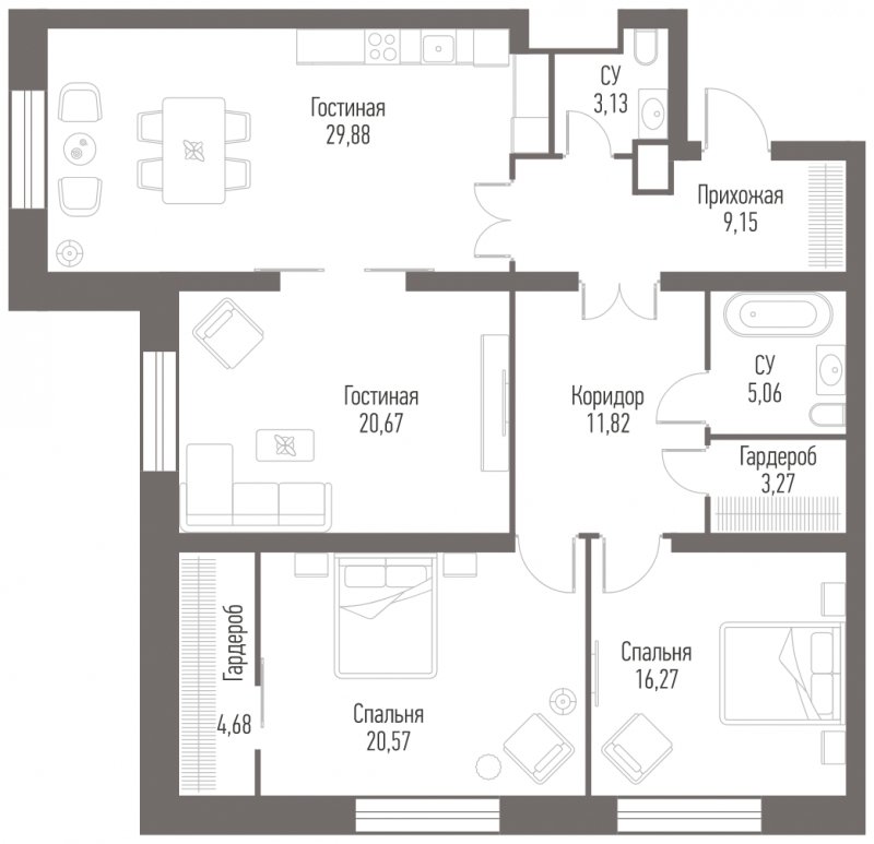 3-комнатные апартаменты с частичной отделкой, 124.5 м2, 17 этаж, сдача 2 квартал 2022 г., ЖК Alcon Tower, корпус 1 - объявление 1323001 - фото №1