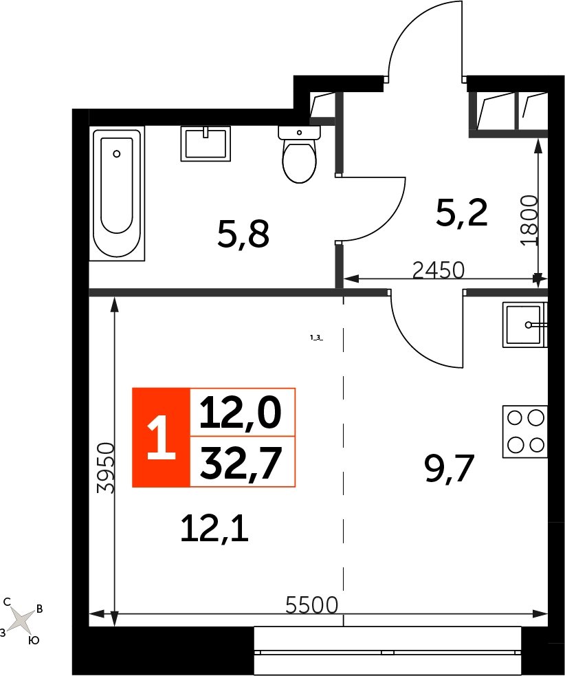 Студия с полной отделкой, 32.7 м2, 9 этаж, сдача 3 квартал 2024 г., ЖК Sydney City, корпус 2.1 - объявление 2207294 - фото №1