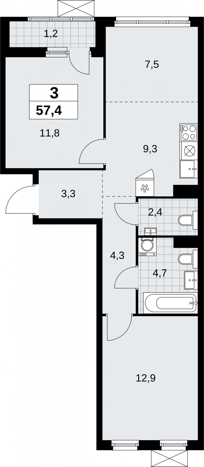 3-комнатная квартира (евро) с полной отделкой, 57.4 м2, 7 этаж, сдача 3 квартал 2026 г., ЖК Дзен-кварталы, корпус 6.1.3 - объявление 2327466 - фото №1