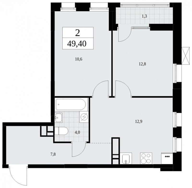 2-комнатная квартира без отделки, 49.4 м2, 13 этаж, сдача 1 квартал 2025 г., ЖК Дзен-кварталы, корпус 1.3 - объявление 1896007 - фото №1